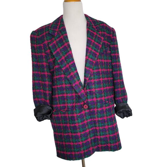 Vintage Deadstock Soft Tweed Blazer Pink Wool Plaid Joule Energy Women 11-12 - Picture 1 of 13